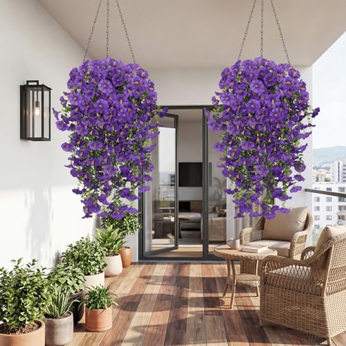 6PCS Artificial Hanging Morning Glory Flowers for Outdoor, UV Resistant Silk Faux Flowers with Realistic Eucalyptus Plants for Home Office Garden Patio Window Basket Decor(Purple) - color: Purple