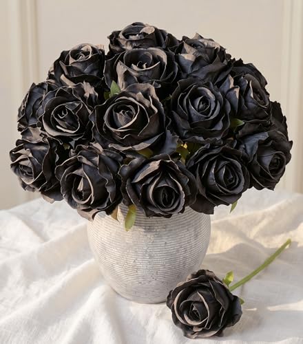 Ivydale 18pcs Black Roses Artificial Flowers, Fake Roses Silk Flowers with Stems Realistic Bouquet for Valentine's Day Wedding Party Home Decoration DIY Centerpiece Floral Romantic Gifts - color: Rose-black