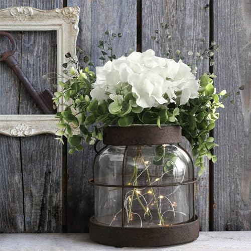 Farmhouse Glass Lantern Vase Vintage Flower Vases with Plants Hydrangea Lights Rustic Floral Arrangement Centerpieces Home Decor Hostess Housewarming Gift - color: Vase+greenery+light+hydrangea