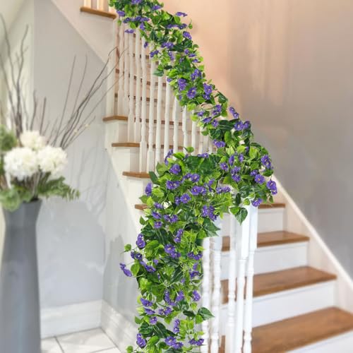 CISDUEO 2 Pcs Artificial Vines Silk Morning Glory Vines for Outdoor 15Feet Purple Hanging Plants Garland Fake Green Plant Morning Glories for Home Decor Wall Fence Stairway Wedding Hanging Baskets - color: Purple 2