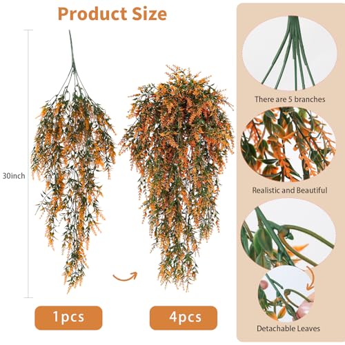 SJL Artificial Hanging Flowers for Outdoors Fall Artificial Hanging Plants Fake Greenery UV Resistant Fake Plant Fall Faux Lavender Flower Faux Vines for Thanksgiving Garden Kitchen Decor 4Pcs(Salmon) - color: Salmon Laven
