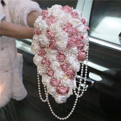 Handmade Satin Rose Water Drop Bridal Bouquet,8.7inch Crystal Wedding Round Tossing Bouquet,Jewelry Proposal Bridesmaid Bouquet Groom Corsage Bride Wrist Flower Ivory (Pink) - color: Pink