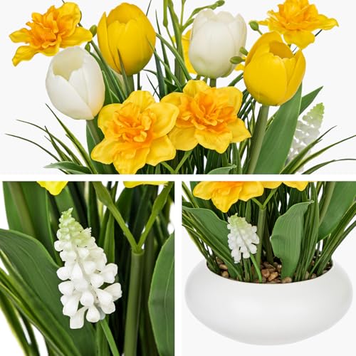 Hollyone Tulips Artificial Flowers with Daffodil Bulbs in Vase Fake Tulips Silk Flowers Arrangements with Ceramic Pot Daffodil Tulip Bulbs Floral Bouquet for Home Decor Table Centerpiece White Yellow - color: Large - Yellow