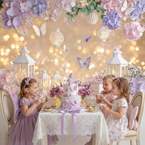 5X3ft Purple Pink Butterfly Floral Backdrop for Photography Romantic Bokeh Butterfly Flowers Theme Girls Party Decorations Background Wedding Bridal Shower Birthday Tea Party Photo Booth Props - color: Multi4, size: 5x3ft