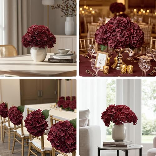 Auihiay 10PCS Hydrangea Artificial Flowers, Faux Burgundy Flower for Wedding Centerpieces, DIY Bouquets, Bridal Shower, Floral Decor Home Decoration with Stems (VASE NOT Included) - color: Burgundy