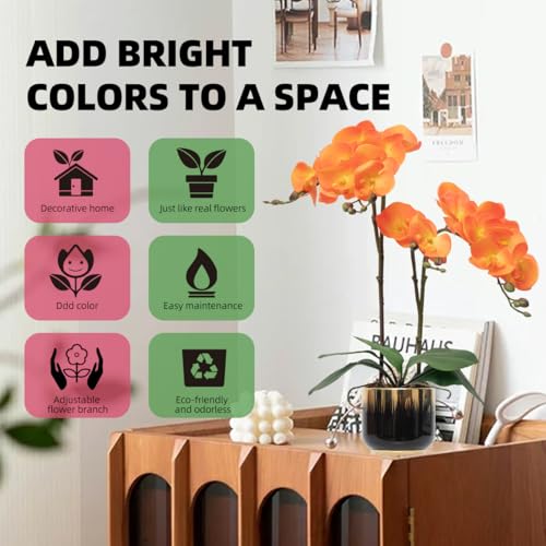 CXGS Orchids Artificial Flowers Real Touch Fake Flowers in Ceramic Pot 20" Orange Faux Orchid Plant Lifelike Silk Phalaenopsis for Centerpiece Hotel Home Indoor Decor - color: Orange- Black Gold Vase