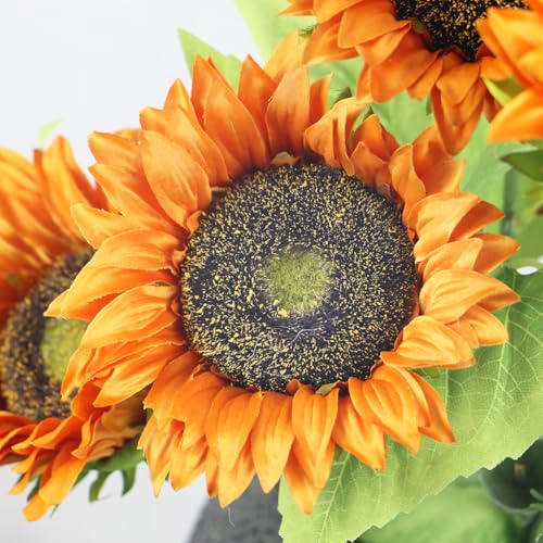 Olrla Artificial Sunflower Single Long Stem,6pcs Orange Silk Sunflowers for Flora Arrangements, Spring Decor, Home Office Table Centerpiece (NO VASE) - color: Orange Long Stem