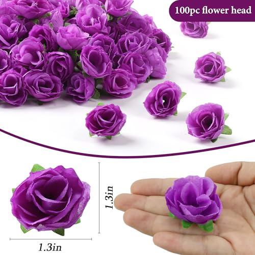SITUMEIZI 100 Pcs 1.3 inches Mini Deep Purple Rose Head Purple Flowers Artificial Roses for Wedding Decor, Graduation Cap, Cake, DIY Flower Wall Mother's Day Home Party Decor - color: Purple