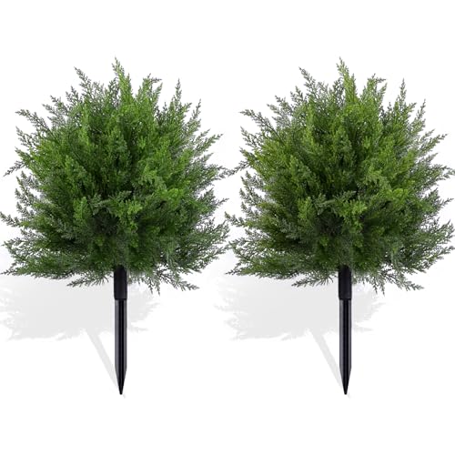 FAJUNZH Artificial Topiary Bushes for Outdoors with Spike, Boxwood Ball Fake Shrubs UV Resistant Faux Plants for Indoor Outdoor Fall Thanksgiving Halloween Decor (Cedar Topiary Ball Trees) - color: Cedar Topiary Ball Trees