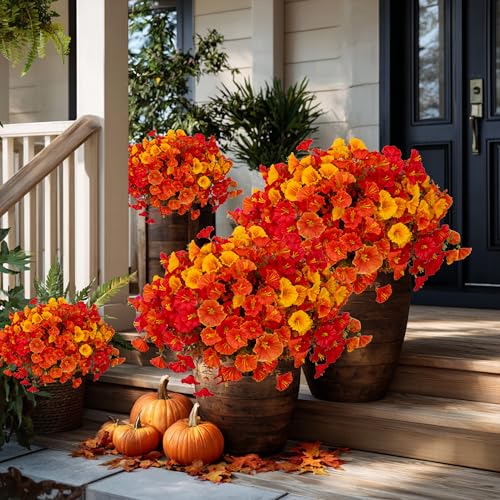 AXYLEX Artificial Fall Flowers Outdoor Fake Mums - 16 Bundles Fake Plants UV Resistant No Fade Faux Plastic Greenery Garden Morning Glory Home Decor (1, MixedFall 4 Colors) - color: Mixedfall 4 Colors