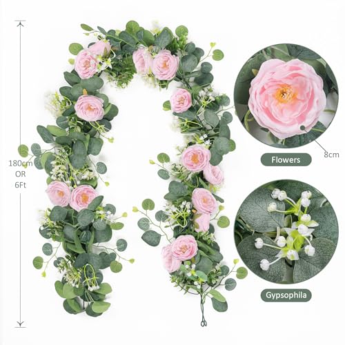 TOCHGREEN 2 Pack 13Ft Artificial Eucalyptus Flower Garland with Pink Camellia, Fake Flower Greenery Garland Floral Vines for Wedding Home Party Room Table Runner Decor (2PCS, Pink) - color: Pink, size: 2PCS