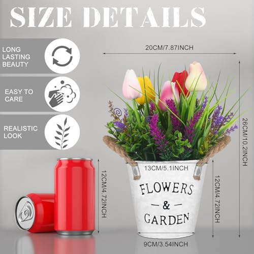 Summer Spring Flower Table Centerpiece, 10" Tall Fake Tulips Lavender in Vase Farmhouse Floral Arrangement Artificial Potted Plants for Rustic Home Office Patio Decor Gift