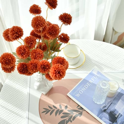 Mandy's 6 Stems Silk Burnt Orange Kiku Ball Flowers | Artificial Chrysanthemum Stems for Home Summer Décor Realistic Faux Floral Arrangement Minimalist Elegant Style - color: Burnt Orange