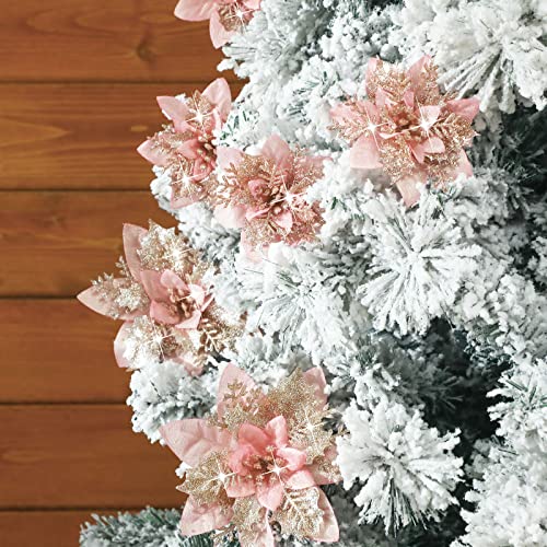 Geosar 36 Pcs Christmas Glitter Artificial Poinsettia Flowers Xmas Poinsettia Artificial Wedding Flowers Decorations Xmas Tree Ornaments with Clips for Party, 6 Inch, 4 Inch, 3 Inch(Rose Gold) - color: Rose Gold