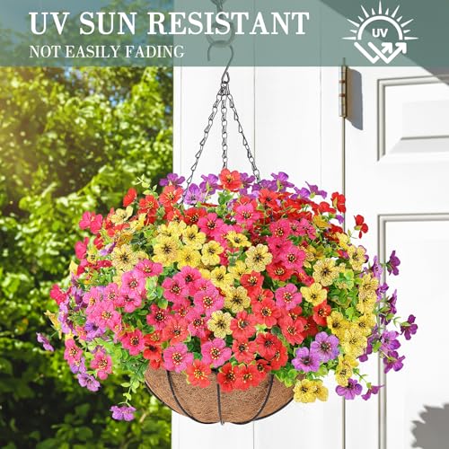 Artificial Flowers Hanging Plants in Basket,Artificial Hanging Flowers for Outdoor Indoor Decor,UV Resistant hanging Baskets with Fake Flowers for Spring Summer Patio Garden Porch Deck Home Decor - color: Multi Color, size: 1PCS