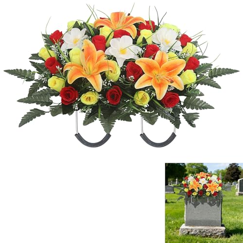 Cemetery Flower Saddle - grave flowers for cemetery,Artificial Rose, Lily & Orchid Arrangement for Headstone - All-Weather Grave Decor for Outdoor Tombstone Headstone Decorations (Red yellow) - color: Red Yellow