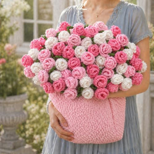 Crochet Flower Bouquet Throw Blanket, Cute Romantic Gift for Her Girlfriend Mom Mother’s Day Valentine Wedding Anniversary Birthday (Pink, 40 inches) - color: Pink, size: 40 inches