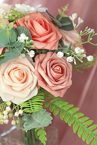 Floroom Artificial Flowers 25pcs Real Looking Coral Ombre Colors Foam Fake Roses with Stems for DIY Wedding Bouquets Bridal Shower Centerpieces Floral Arrangements Party Tables Home Decorations - color: Shades of Coral