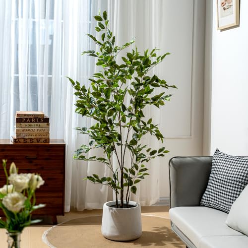 Bailikang Artificial Ficus Tree Indoor 5ft, Large Potted Faux Tree with Realistic Silk Leaves & Trunk for Home Office, Living Room Corner Decor - color: Green, size: 5ft
