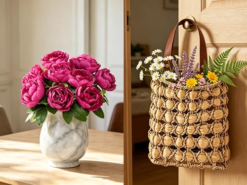 17in Hanging Basket for Front Door with 10 Pcs Artificial Peonies Wreath | UV Resistant Woven Wall Baskets for Spring Summer Garden Farmhouse Home Boho Wall Decor - color: Rose Pink