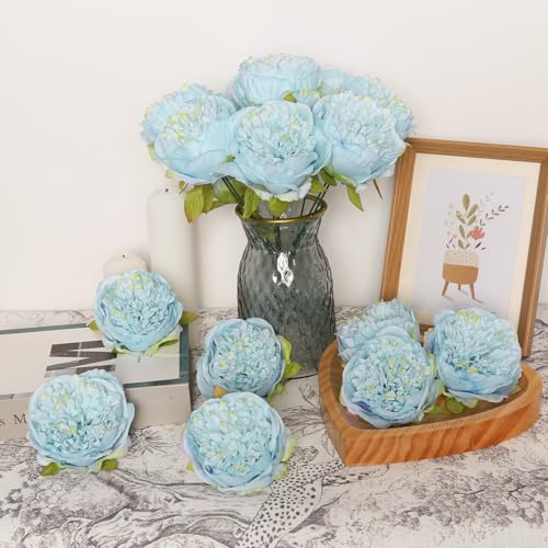 16pcs Peony Artificial Flowers Blue Fake Peonies Bulks Silk Peonies Flowers Faux Peony Flowers Heads with Stems for Home DIY Wedding Party Festival Baby Shower Decorations (Blue) - color: Blue