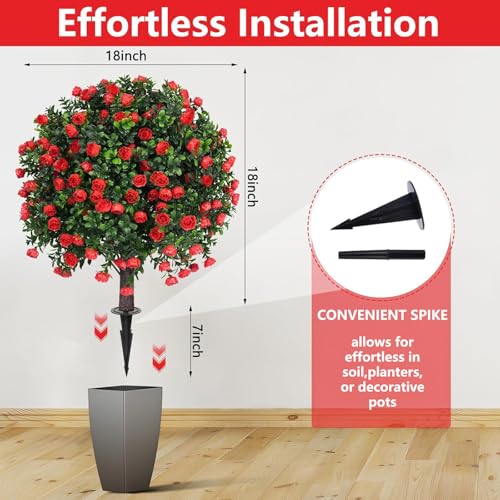 Yangrass Artificial Rose Topiary Ball Trees with Ground Spike, 2 Pack 16 Inches UV Resistant Artificial Shrubs, Fake Evergreen Artificial Plant Brush for Indoor Outdoor Front Porch Garden - color: Red Rose