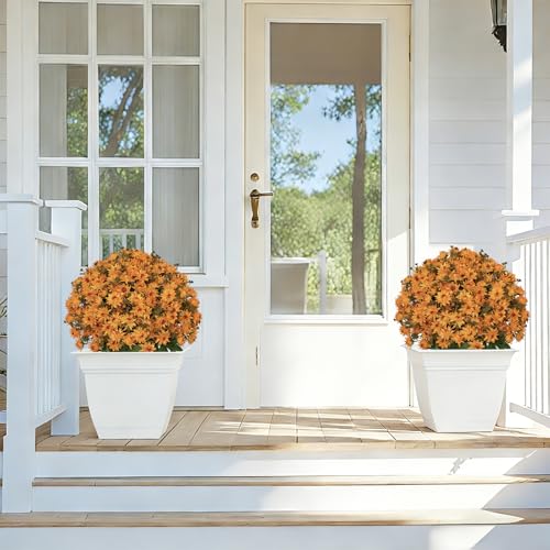 24” Artificial Flowers for Outdoors, Set of 2- UV Resistant Look Real Faux Orange Mums with Cement Pots, Realistic Fake Plastic Plants for Front Porch Planter Entryway Indoor Decor - color: Daisy Autumn Yellow