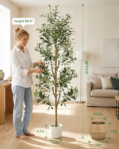 TNELTUEB Faux Olive Tree 6FT- Indoor Tall Artificial Olive Trees with Lights & Basket and Planter, Fakeplants Artificial Plants with Natural Wood Trunk and Realistic Fruits for Home Living Room Decor - size: 6ft Green