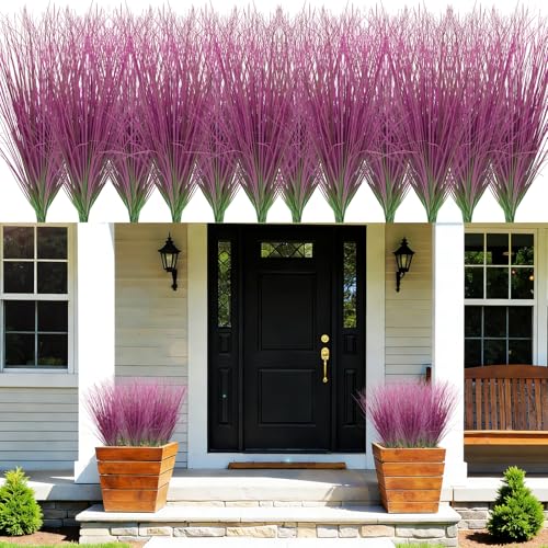 48 Bundles Artificial Grass Plants Outdoor Tall Faux Shrubs Greenery Stems Fake Onion Grasses Wheat UV Resistant for Outside Garden Indoor Office Home Decor（Pink） - color: Pink, size: 48Pcs
