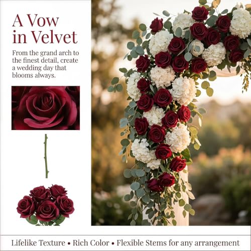 52pcs Burgundy Roses Artificial Flowers Fake Flowers Silk Roses with Stems for DIY Wedding Bouquets Bridal Shower Centerpieces Arrangements Party Decorations - color: Burgundy