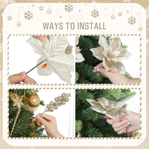 Alupssuc 24 Pieces Christmas Tree Decorations, 12 PCS Champagne Gold Poinsettia Flowers Artificial and 12 PCS Christmas Tree Picks for Christmas Decorations Party Wreath Fireplace, Champagne Gold - color: Champagne Gold