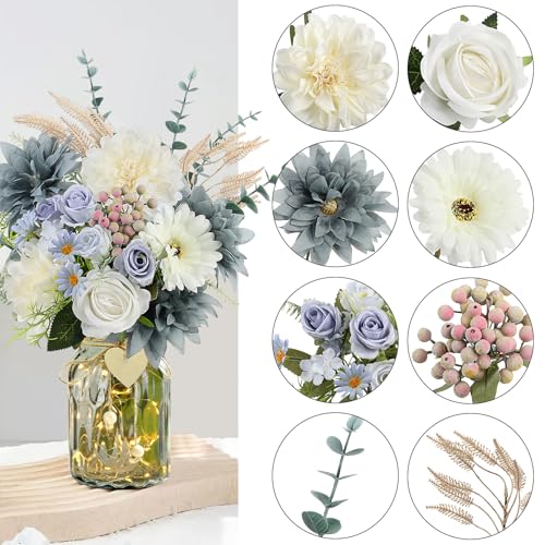 Fake Flowers in Vase, Dusty Blue Artificial Flowers Arrangement in Vase, Fake Floral Table Centerpieces for Kitchen Farmhouse Coffee Table Living Room Cemetery Gravesites Decor - color: Dark Blu Wht