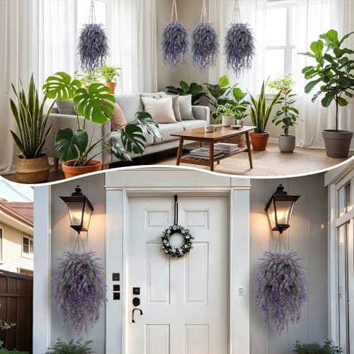 Canlierr 6 Pcs Fake Lavender Hanging Plants 29.5 Inch Large Purple Lavender Artificial Flowers for Wedding, Party, Farmhouse, Porch, Wall & Window Decor, All Year Round Indoor Outdoor Decoration
