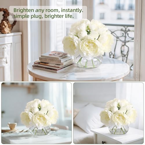 Artificial Peonies with Glass Vase, Faux Peony Fake Flowers with Faux Water, Silk Flower Arrangements for Home Decor, Bathroom, and Table Centerpiece Decorations Home Centerpiece Floral (White) - color: White, size: Peony, Silk