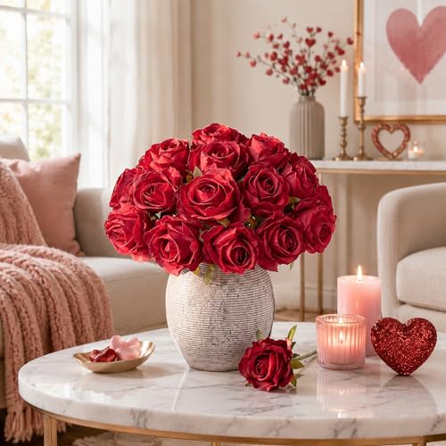 Ivydale 18pcs Red Roses Artificial Flowers, Fake Roses Silk Flowers with Stems Realistic Bouquet for Wedding Party Mother's Day DIY Centerpiece Floral Romantic Gifts - color: Rose-red