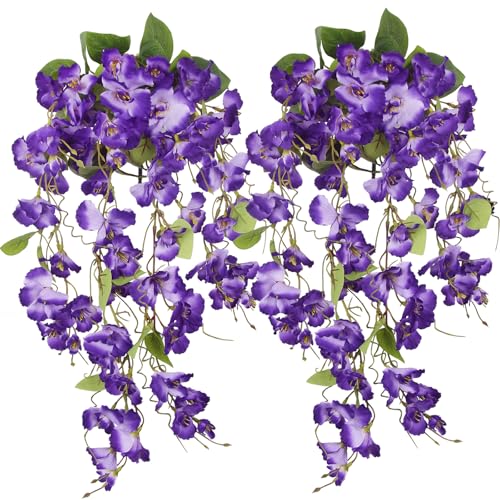 2 Pcs Fake Hibiscus Flowers Artificial Hanging Flowers Plants for Outdoors Realistic UV Resistant Spring Summer Decor Purple Silk Faux Flowers Trailing Vines for Front Door Porch Outside - color: Purple