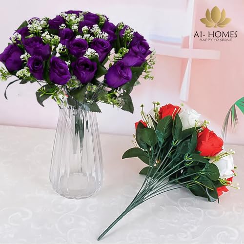 Artificial Purple Roses, 16" Bush with Gyp & Foliage 24 Flower Heads- Wedding Grave Home Decoration & Christmas - color: Purple