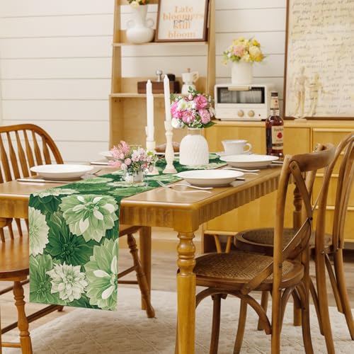 Green Dahlia Flower Summer Table Runner Sage Green Burlap Table Runners, Spring Elegant Floral Seasonal Coffee Table Center Decor for Home Kitchen Dining Party Indoor Outdoor 13x90 Inch - color: Green, size: 13" x 90", Table Runner