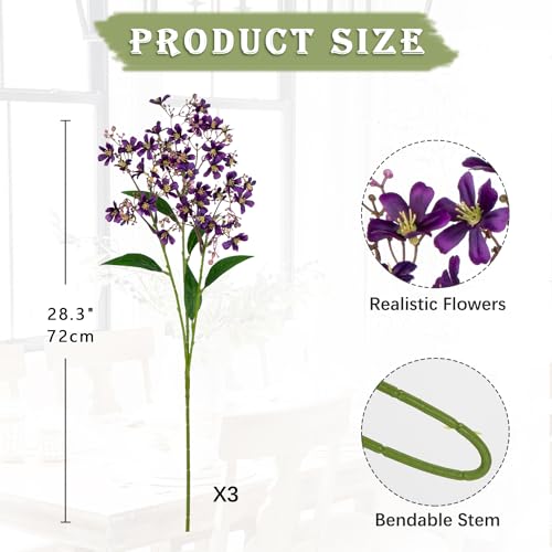 Hollyone Artificial Daphne Flowers with Long Stem 3Pcs Faux Purple Flowers 28.3” Fake Autumn Fall Silk Flowers Piacks Bouquet for Floral Arrangement Wedding Party Centerpiece Table Home Decor - color: Dark Purple
