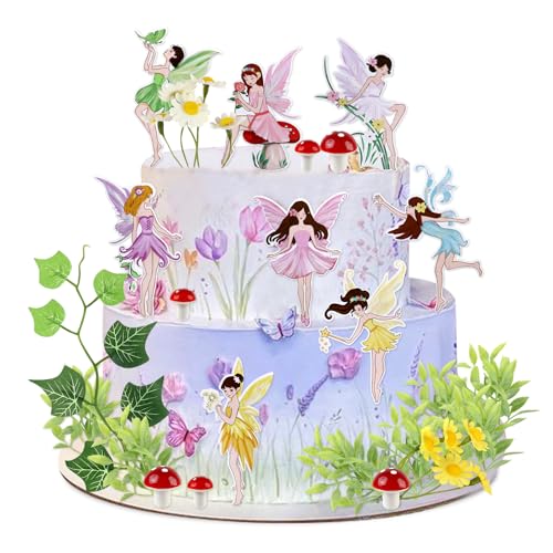 28PCS Fairy Cake Toppers Mini Flowers Red Mushroom Artificial Leaves Cake Decorations for Fairy Flower Theme Baby Girls Birthday Party Decorations Supplies - color: Colorful