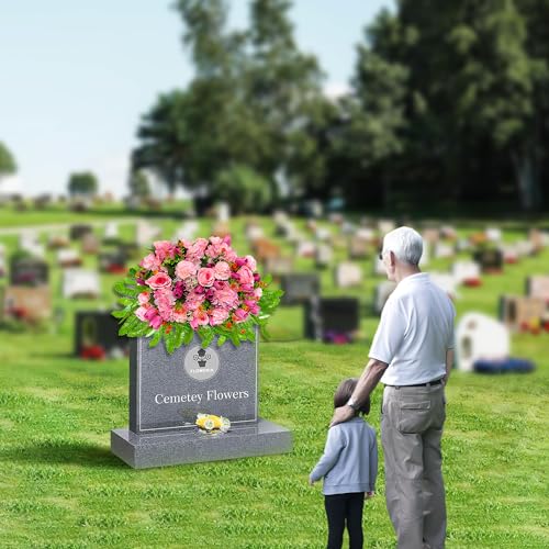 FLOWERIA Sympathy Flower for Headstone - Artificial Tulips Roses Grave Flowers for Cemetery Easy Fit Outdoor Decoration - color: Pink, size: Saddle