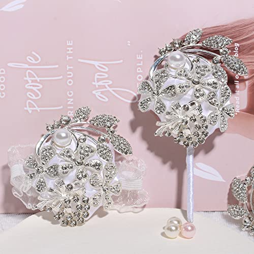 WANLIAN Wrist Corsage with Peal and Rhinestone Corsage and Boutonniere Set for Wedding,Prom,Party (Silver White，2 Pieces) - color: Silver White，2 Pieces