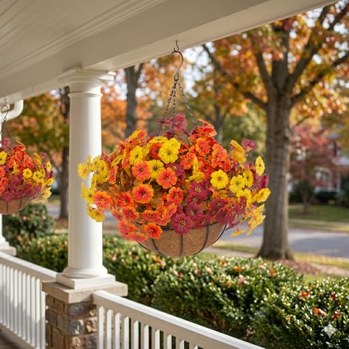Hananona 2 Set Artificial Outdoor Fall Flowers with Hanging Basket, 2 Hanging Planters with 24 Pcs Flowers for Autumn Front Porch Garden Patio Home Decor (2, Orange,Yellow,Burgundy) - color: Orange,yellow,burgundy