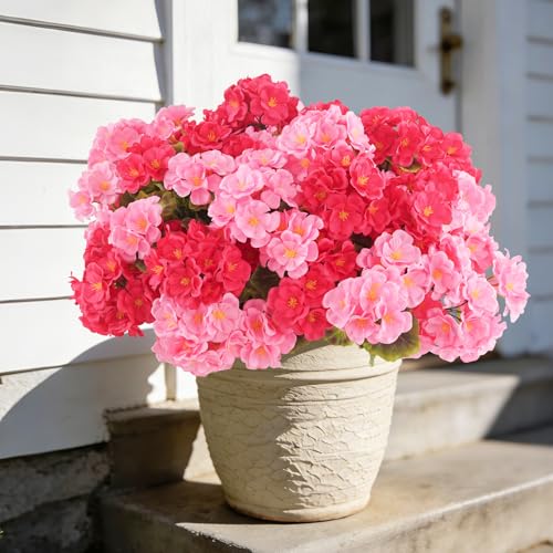 BonBloom's 6 Bundles Artificial Geranium Flowers for Outdoors, UV Resistant Realistic Silk Flowers Fake Plants for Front Door Porch Garden, Balcony Window Box Indoor Home Spring Decor, Mixed Color - color: Mixed Pink& Rose Red, size: 6 pack