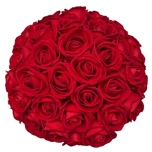 FagusHome 30 Pcs Silk Rose Artificial Flowers Roses Bulk Bouquet Fake Flowers Rose Heads with Stems for Home Wedding Decor (Red) - color: Red