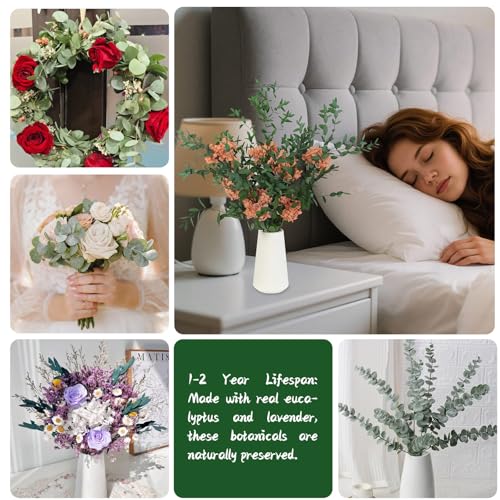 Hand-Tied Preserved Eucalyptus and Hydrangea Bouquet, 5-7 Stems Rustic Yellowish Brown and Green Natural Dried Flowers for Home Table Decor, Wedding Centerpiece, Fall Holiday Decorations