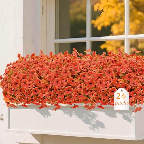 24 Bundles Artificial Mums for Outdoor Fall Flowers Fall Decor, Fall Decorations for Home Fake Mums Artificial Flowers, Fake Plants for Outdoor Planters UV Resistant for Porch Outside Yard - color: Orange Green, size: 24 Pcs