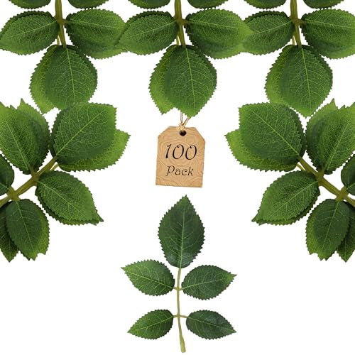 100 Pcs Artificial Flowers Green Leaf Bulk Faux Greenery Silk Fake Rose Leaves Bouquet Garland Wreath Floral Arrangement Supplie DIY Craft (1 Stem with 5 Medium-Leaf Green) - color: 07. 1 Stem With 5 Medium-leaf Green