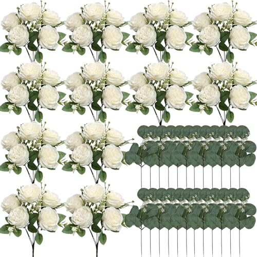 Peonies Artificial Flowers Bulk, 12 Bundles Fake Silk Peonies Faux Eucalyptus Bouquet Ivory Realistic Peony Floral Arrangement for Wedding Table Centerpiece Vase Decor (White) - color: White