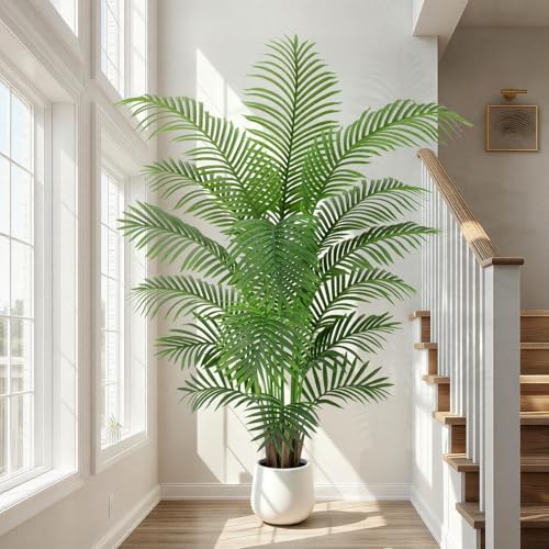 6ft Artificial Palm Tree Tall Faux Palm Tree Indoor Large Fake Plants with 18 Trunks Artificial Plants with White Pot Lifelike Leaves for Home Office Decor Living Rooms Bedrooms - color: Palm Tree 6ft